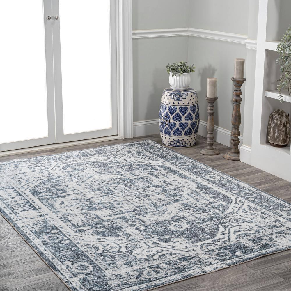 JONATHAN Y Keesha Bold Distressed Medallion Low-Pile Machine-Washable Cream/Blue 3 ft. x 5 ft. Area Rug