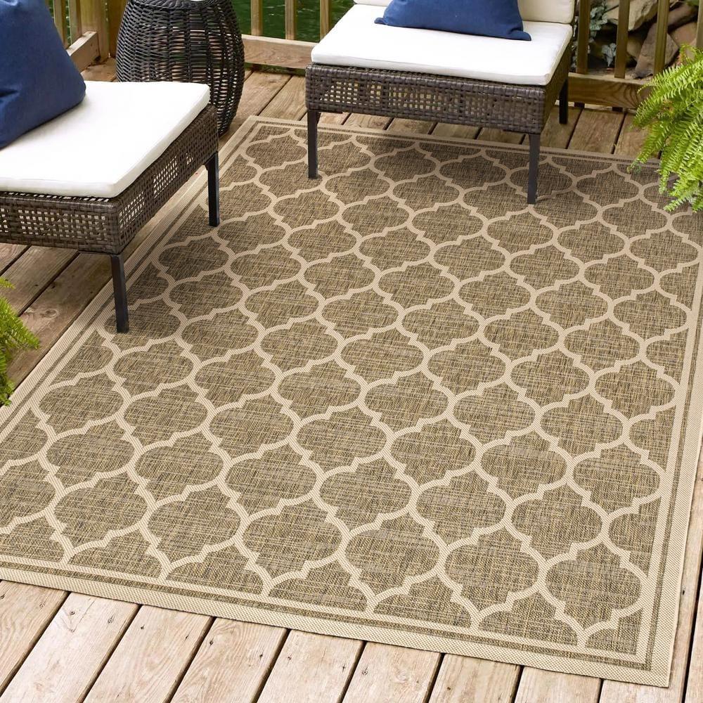 4'x6' Trebol Moroccan Trellis Textured Weave Indoor/Outdoor Area Rug, Brown/Beige - JONATHAN Y