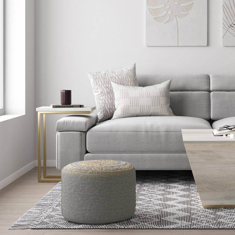 SIMPLIHOME Serena Contemporary Round Braided Pouf in Dove Grey Cotton for the Living Room, Bedroom and Kids Room