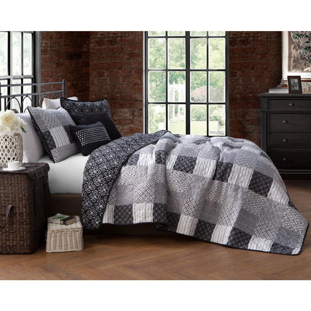 Geneva Home Fashions Queen 5pc Avondale Manor Evangeline Quilt & Sham Set Black: Geometric Pattern, Midweight Fabric, Machine Washable
