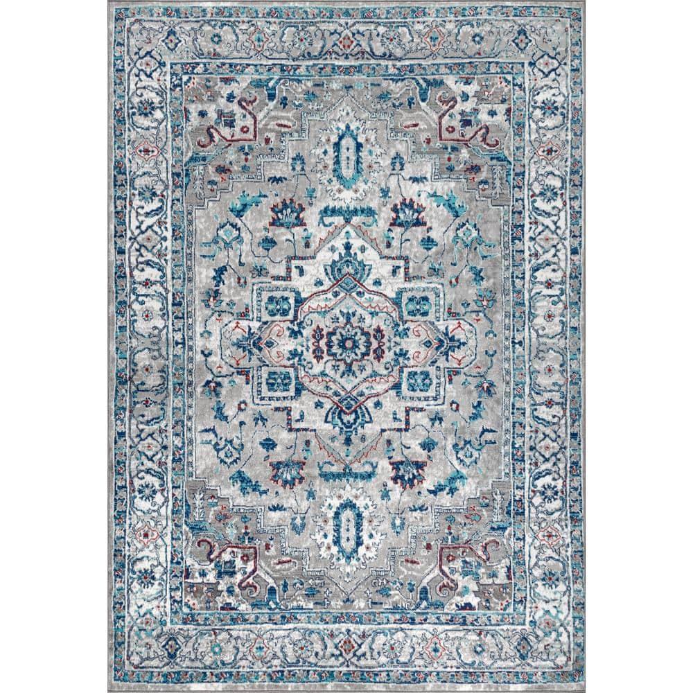 8'x10' Modern Persian Vintage Medallion Area Rug, Light Grey/Blue - JONATHAN Y