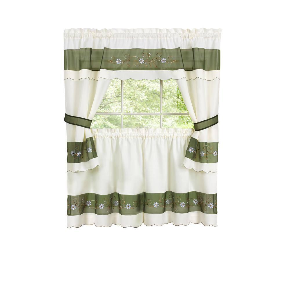 Home Furnishing Berkshire Window Curtains 3-Piece Embellished Cottage Set - 56" (W) x 24" (L) Complete Set, Green
