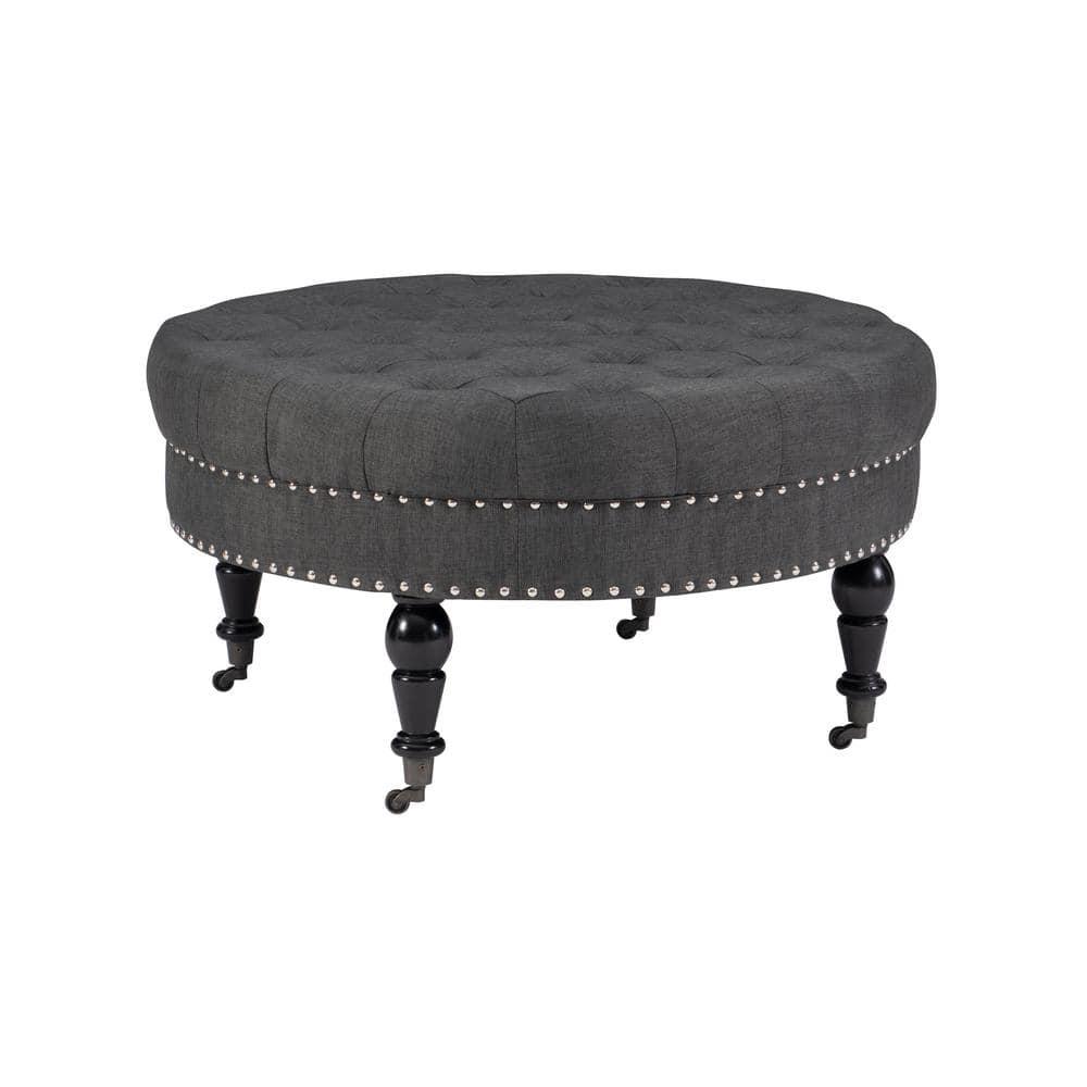 34.6" Isabelle Traditional Round Tufted Upholstered Wheeled Cocktail Ottoman Gray - Linon: Charcoal Linen, Silver Nailhead, Black Legs