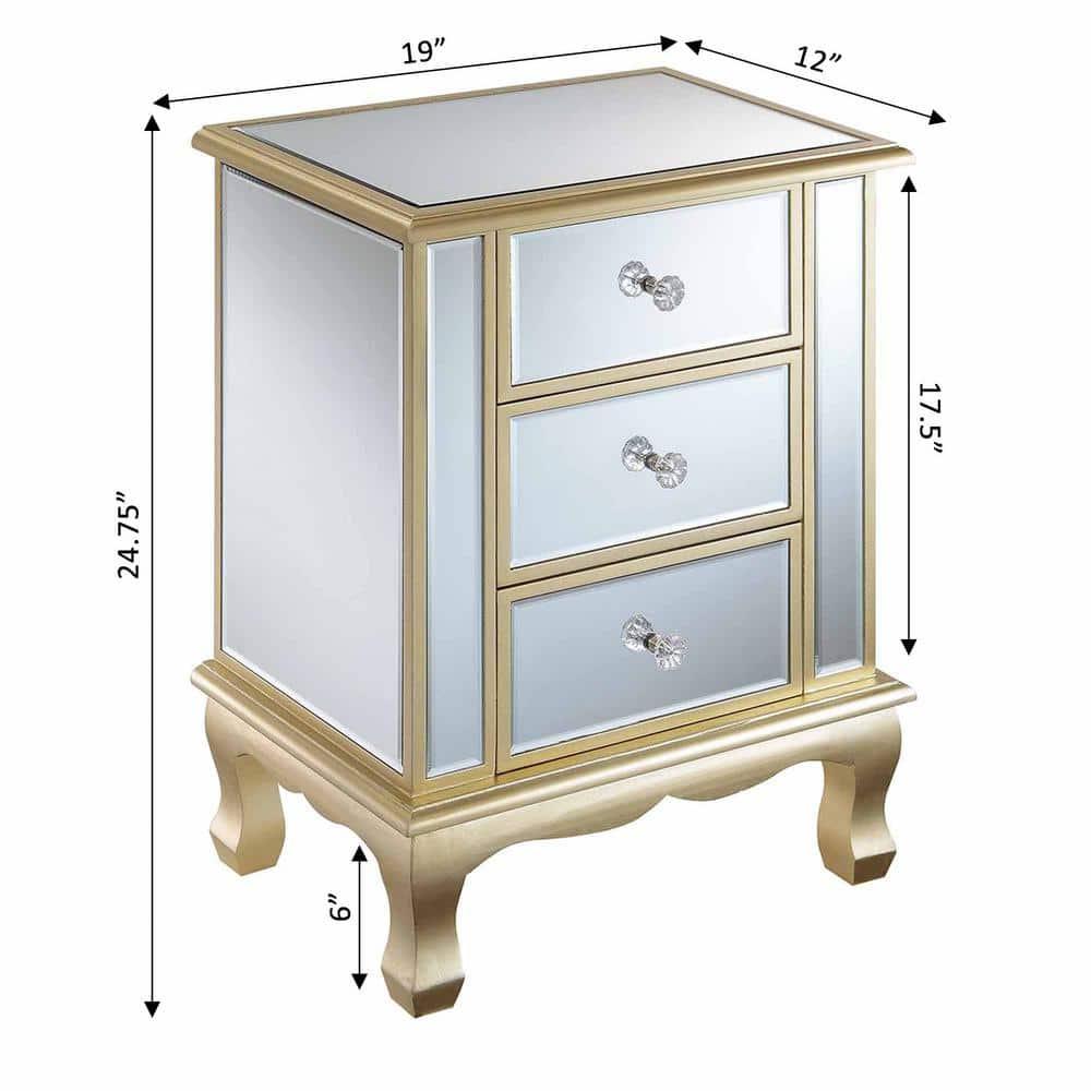 Gold Coast Vineyard 3 Drawer Mirrored End Table In White Wood and Mirrored Glass