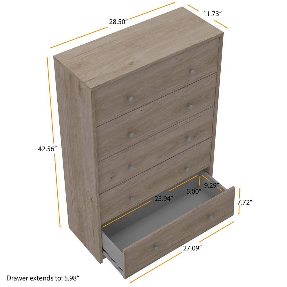 Tvilum Studio 5 Drawer Chest Dresser for Adults, Jackson Hickory