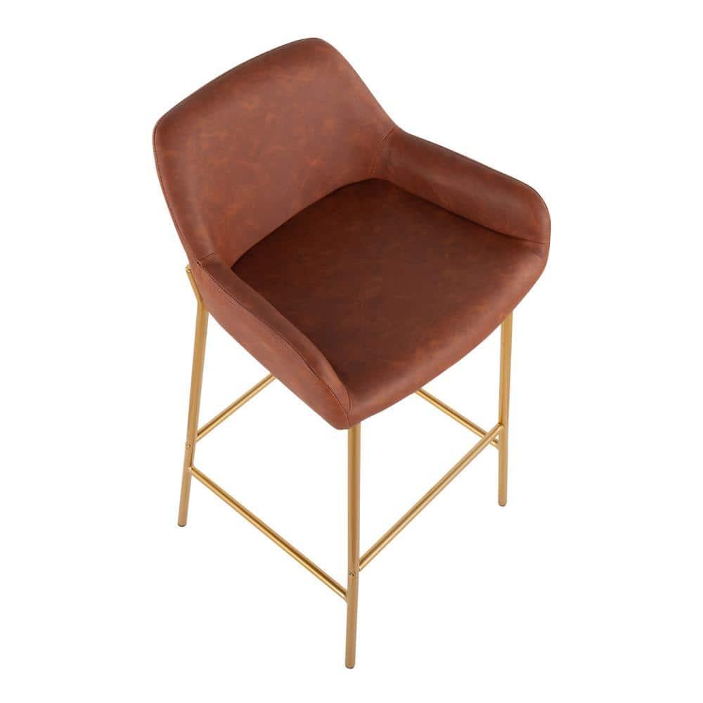 Set of 2 Daniella Metal Faux Leather Barstools Gold/Camel: Sleek Upholstered, 30" Fixed Height - LumiSource