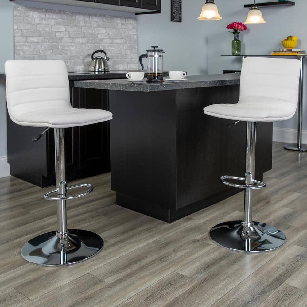 Flash Furniture Modern White Vinyl Adjustable Bar Stool with Back, Counter Height Swivel Stool with Chrome Pedestal Base