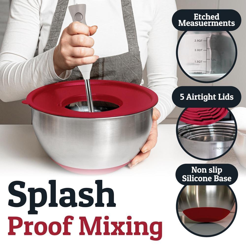 Mixing Bowls with Lids Set - Nesting Bowls with Airtight Lids + Graters - Stainless Steel Non-Slip Mixing Bowl for Baking, (Red, 5-Piece Set)