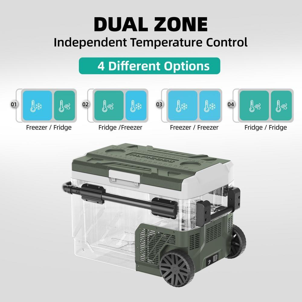 Alpicool 52Qt Dual Zone Portable Car Refrigerator, 12V/24V/220V Portable Car Fridge, With APP Smart Design to Remote Control Temperature, Large Capacity Cooler and Freezer, Wheels & Retractable Handle for Easy Move Anywhere