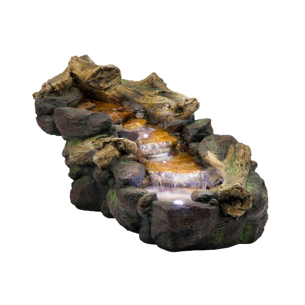19" Resin River Rocks and Logs Fountain with LED Lights Gray/Cool White - Alpine Corporation: Indoor/Outdoor, Weather-Resistant