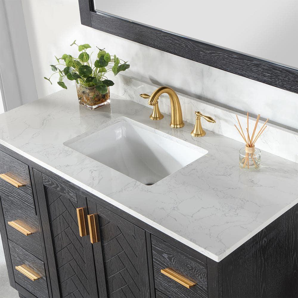 Gazsi 48" Single Bathroom Vanity Set in Black Oak with Grain White Composite Stone Countertop without Mirror