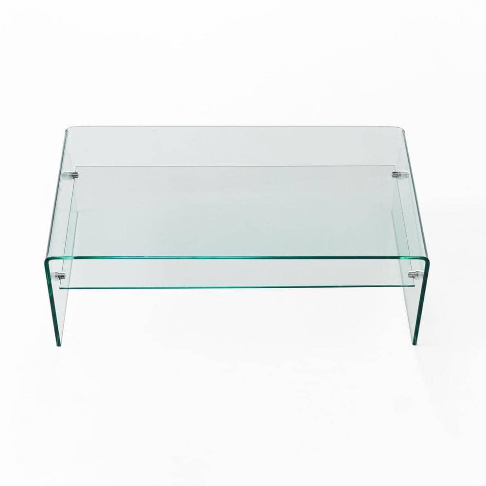 Sleek Mirage 39.4" Clear Tempered Glass Rectangular Coffee Table with Shelf