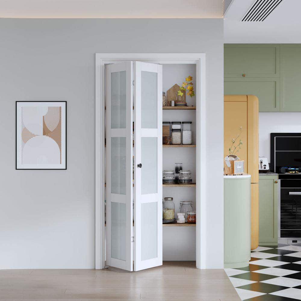EASELIFE Frosted Glass And Solid Manufactured Wood Bi-Fold Door With Installation Hardware Kit