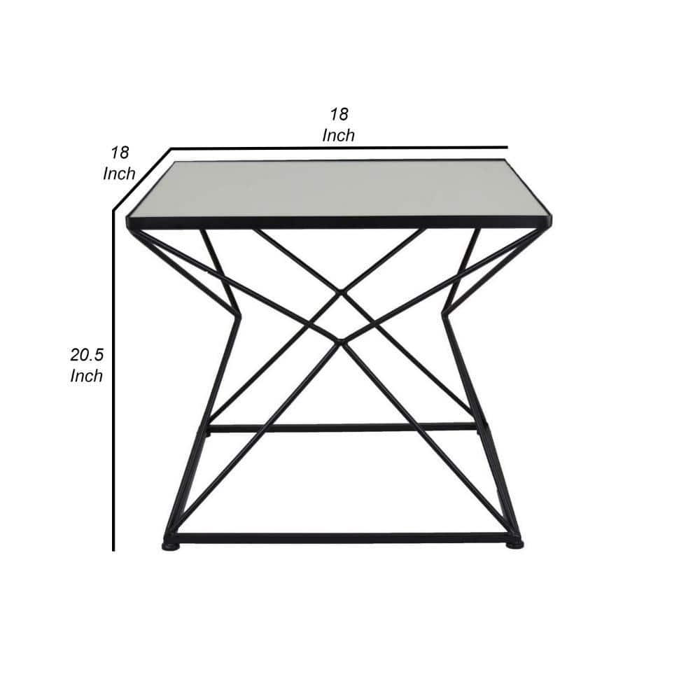 BenJara 21 Inch Plant Stand Side Table, Mirror Top, Black Geometric Metal Frame