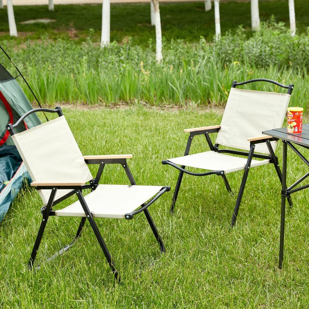 2-Piece Beige Steel Metal Folding Outdoor Lawn Chair for Camping, Picnics, Beach, Backyard, BBQ, Party, Patio