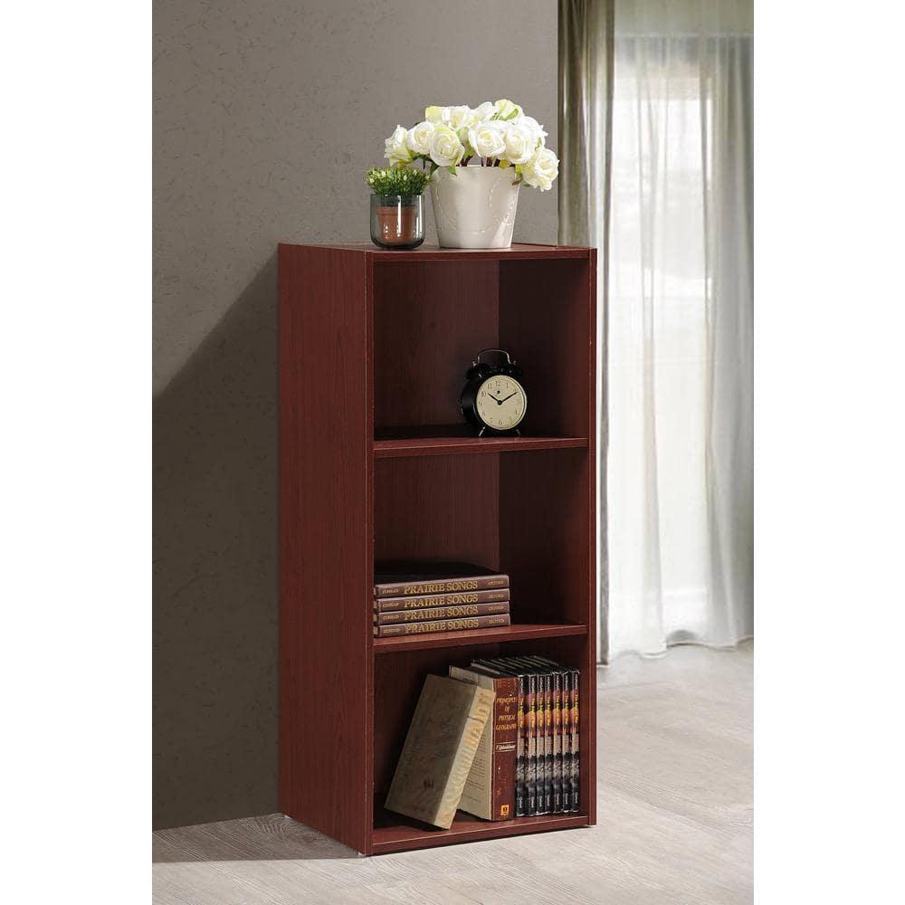 Hodedah HID23 High Quality 3 Shelf Home, Office, and School Organization Storage 35.67 Inch Tall Slim Bookcase Cabinets to Display Decor, Mahogany