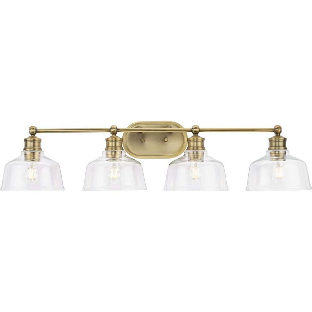 Progress Lighting Singleton 4-Light Vanity Fixture, Vintage Brass, Clear Glass