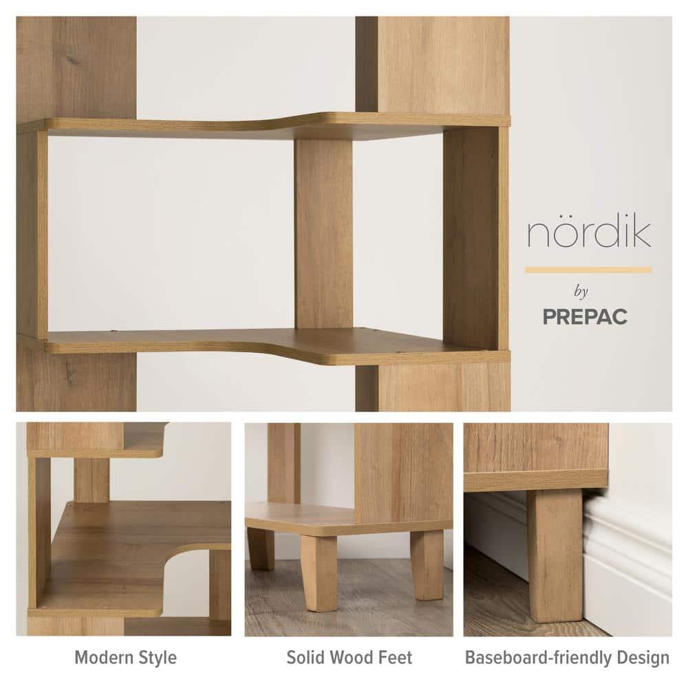 Prepac Nordik 6-Tier Natural Oak Modern Mid Century Corner Bookcase, 71.5" Extra Tall Corner Shelf with Storage, Multifunctional Freestanding Bookshelf for Home Office, Living Room, Bedroom