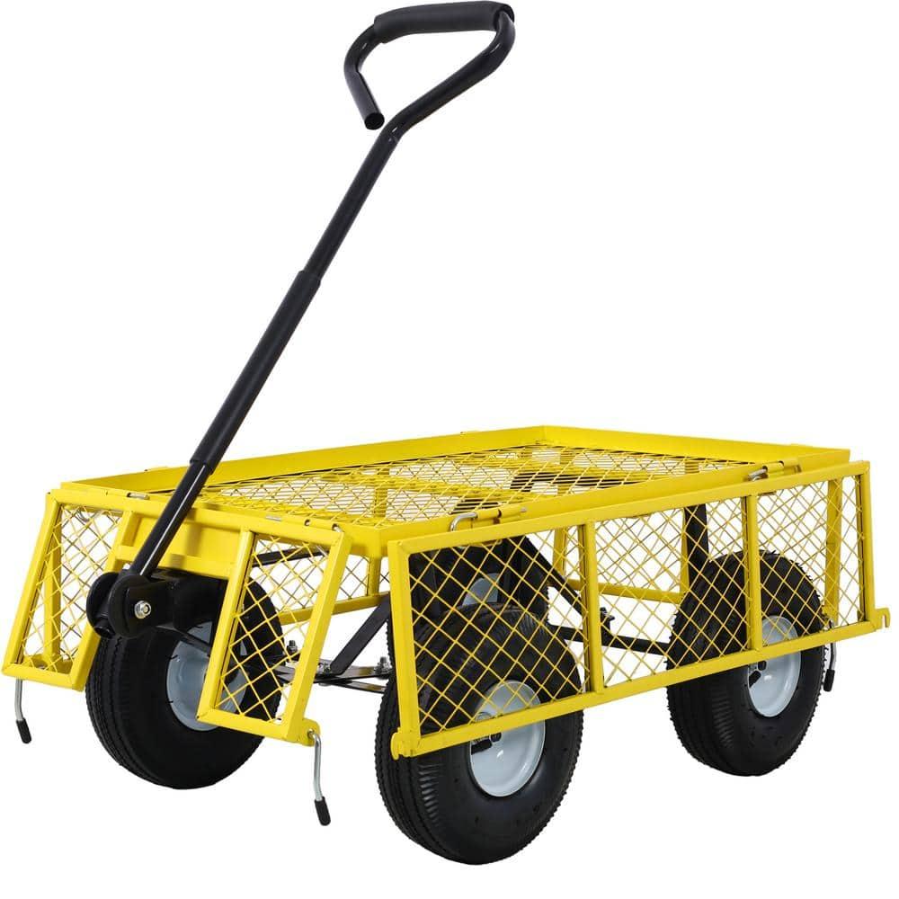 Yellow Steel Mesh Garden Cart with Pneumatic Tires and Removable Sides