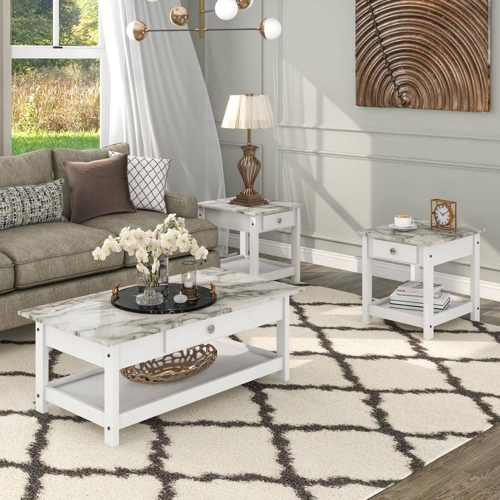 3pc Minsay Transitional Storage Table Set with Open Shelf & Drawer: White - HOMES: Inside + Out