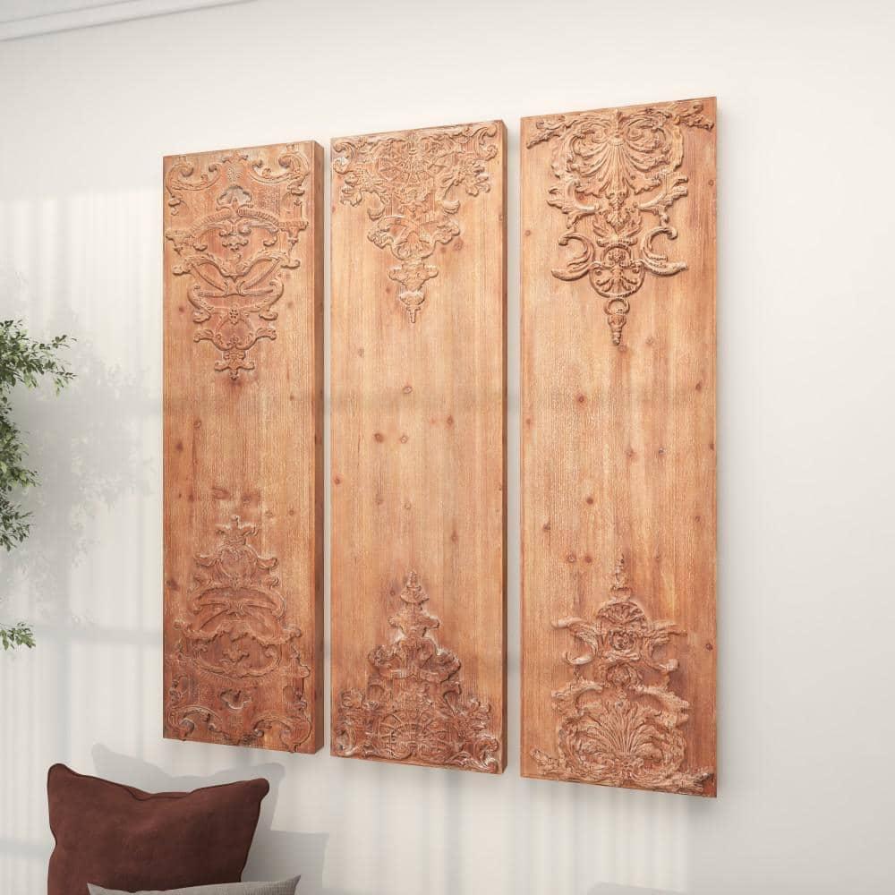 Wood Floral Carved Antefix Wall Decor Set of 3 Brown - Olivia & May: Rustic Style, Indoor Vertical Panels