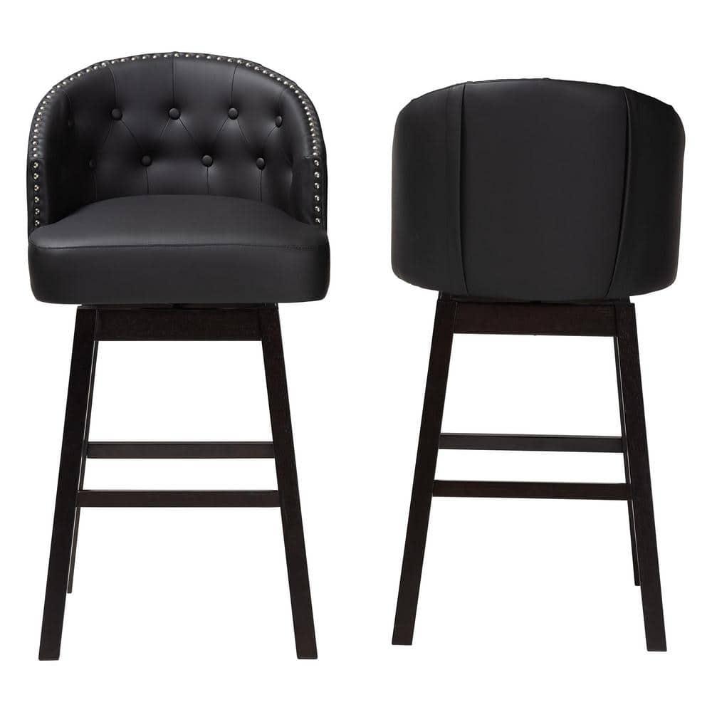 Baxton Studio Avril Modern and Contemporary Black Faux Leather Tufted Swivel Barstool with Nail heads Trim (Set of 2)