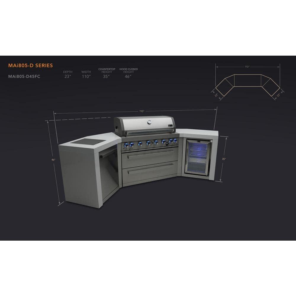 Mont Alpi 805 6-Burner 115000 BTU MAi805-D45FC U-shaped Stainless Steel Deluxe Modular Outdoor Kitchen BBQ Island Grill + Fridge Cabinet - 2 Infrared Burners, White Granite Countertops, Rotisserie Kit