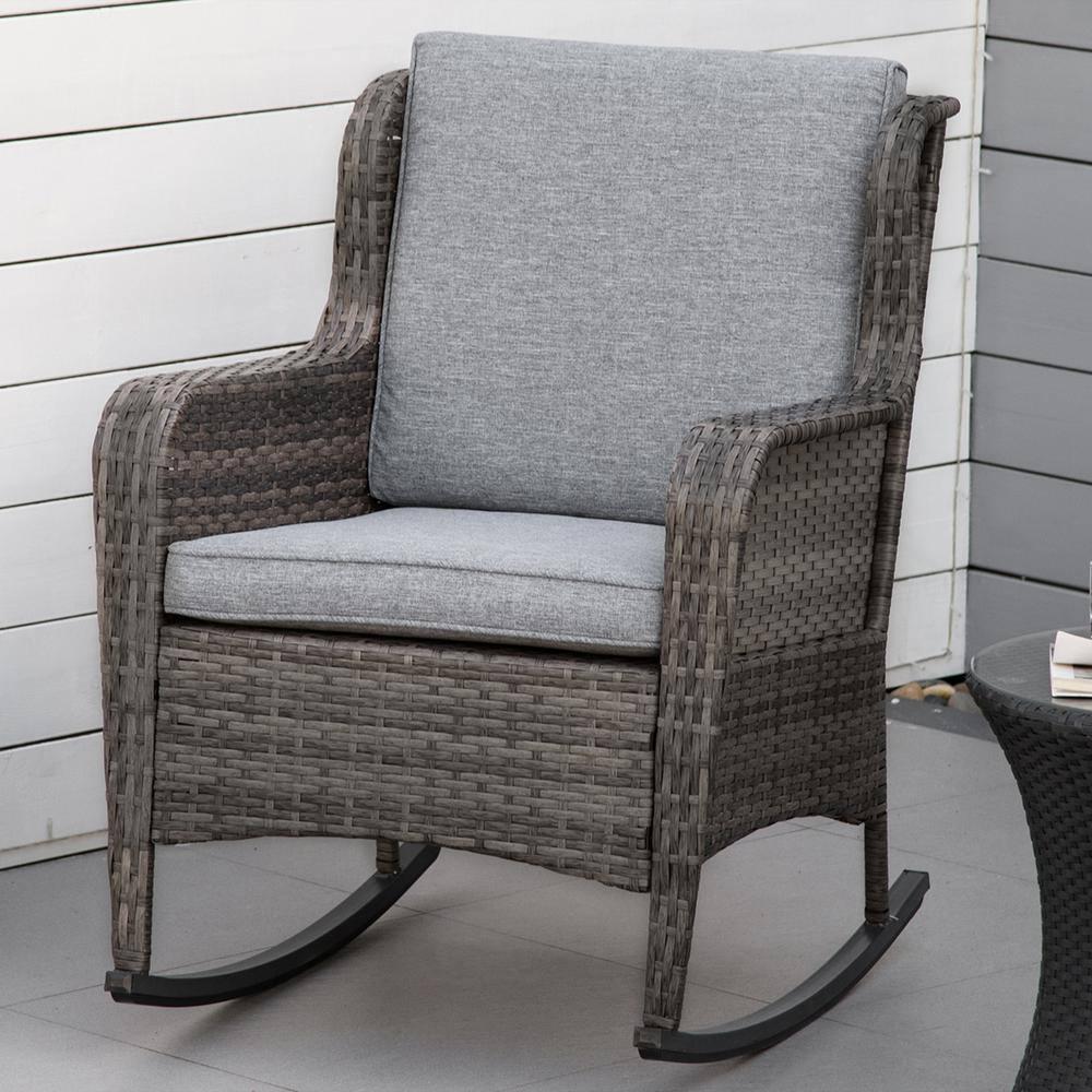 Outsunny Patio Wicker Rocking Chair, Outdoor PE Rattan Swing Chair w/ Soft Cushions for Garden, Patio, Lawn, Gray