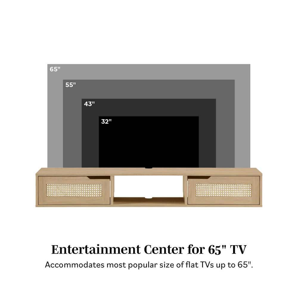 Walker Edison Modern Floating Rattan-Door TV Stand for TVs up to 65”, Coastal Oak