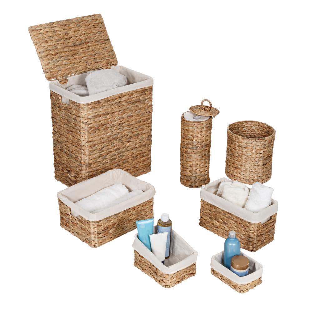 Honey-Can-Do Water Hyacinth Wicker Laundry Hamper and Bath Storage Basket Set of 7, Natural/White