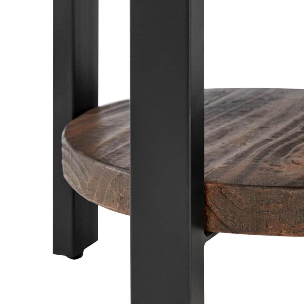 17 Stories Alaterre Pomona Round End Table With Solid Wood Top, Metal Legs, And Dual Shelves For Rustic Living Room Furniture