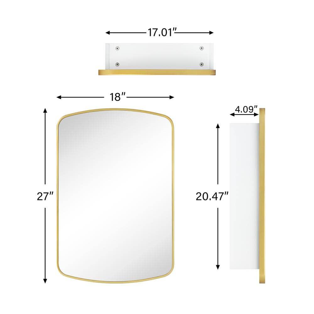 TEHOME 18 in. W x 27 in. H Arched Recessed and Surface Mount Metal Framed Bathroom Medicine Cabinet with Mirror in Brushed Gold