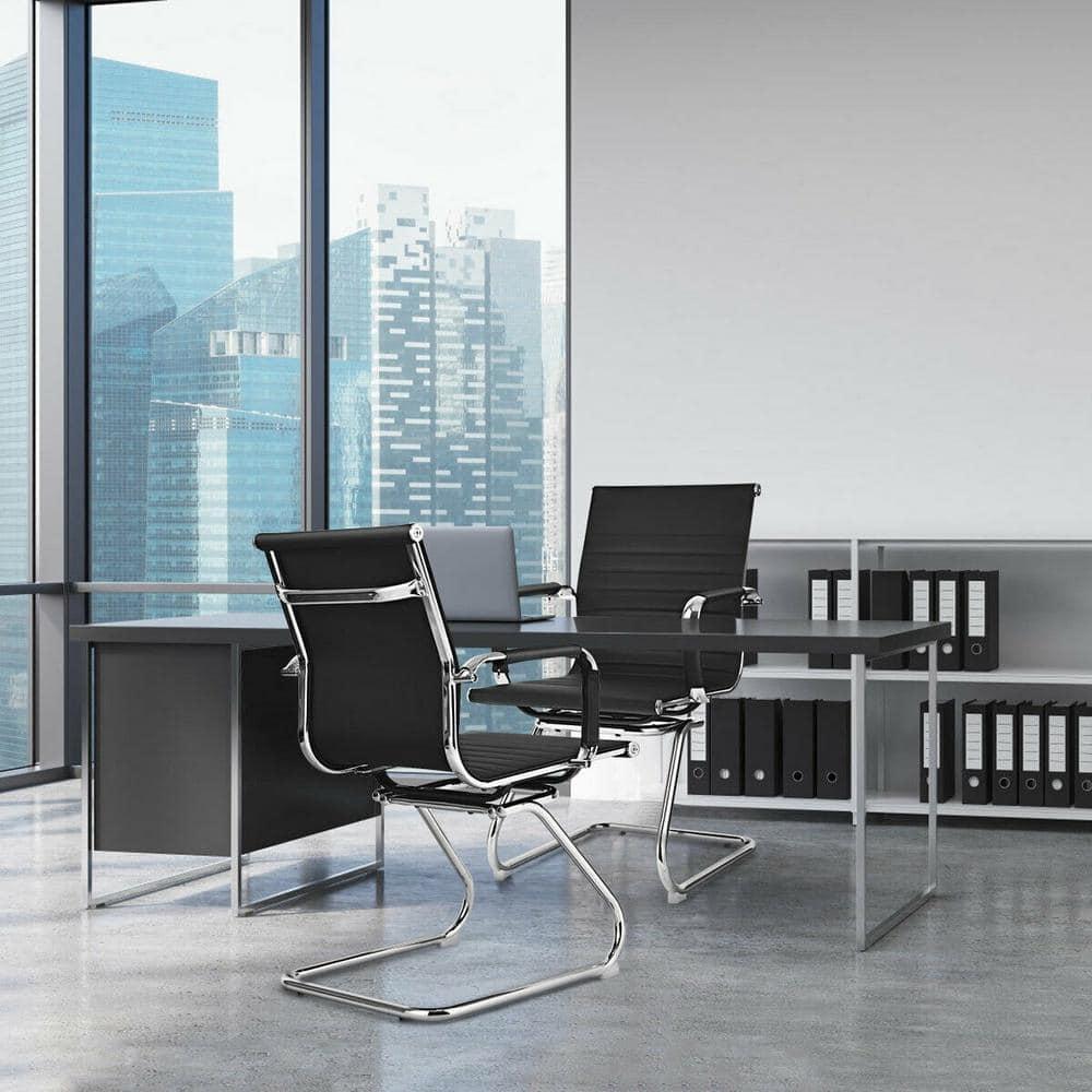 CIMOTA Waiting Room Chairs Leather Office Guest Chair Mid Back Reception Chairs with Sled Base for Meeting/Patient/Conference Room, Retro Black Set of 2