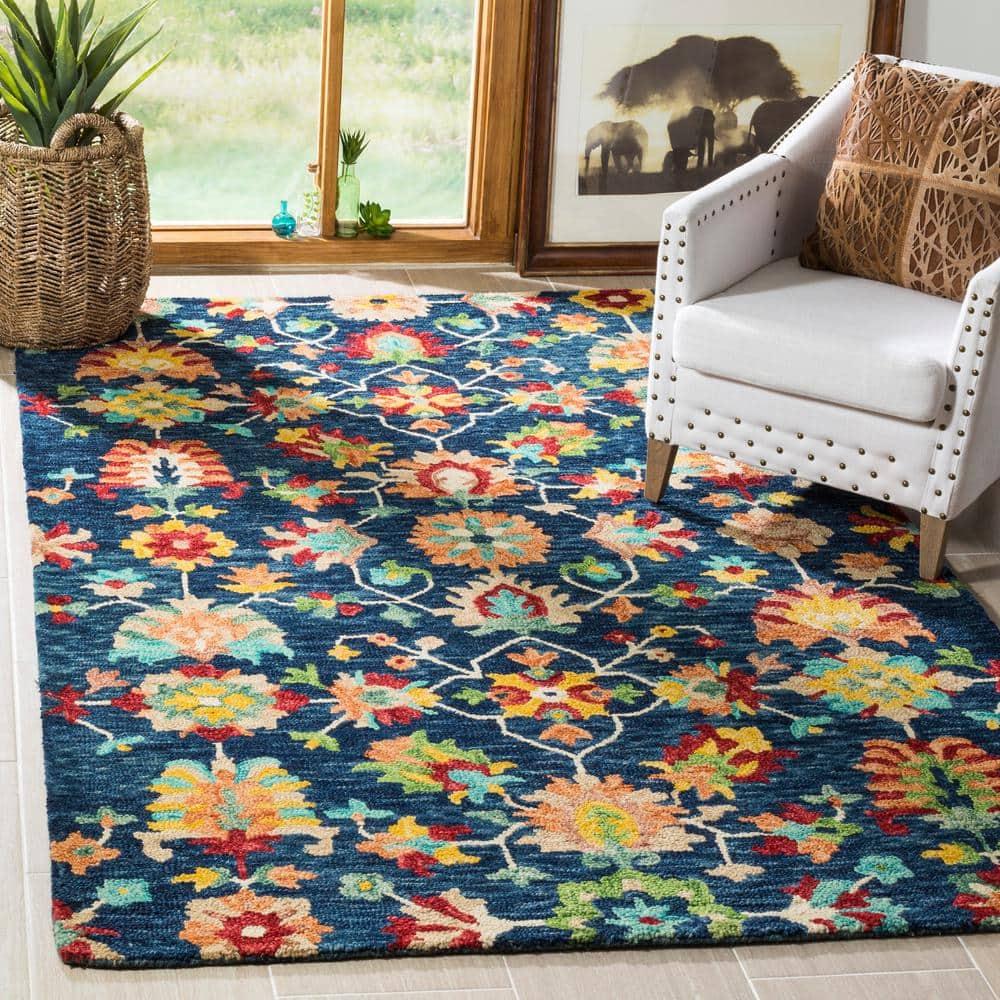SAFAVIEH Aspen Magdalena Floral Bordered Wool Area Rug, Navy/Red, 9' x 12'