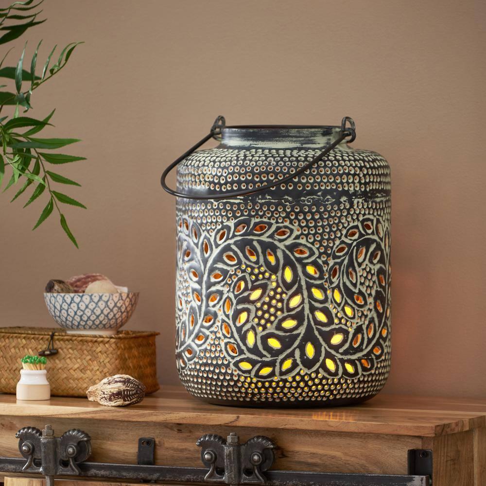 Noble House Meagher Iron Large Handcrafted Decorative Lantern, Green Patina and Black