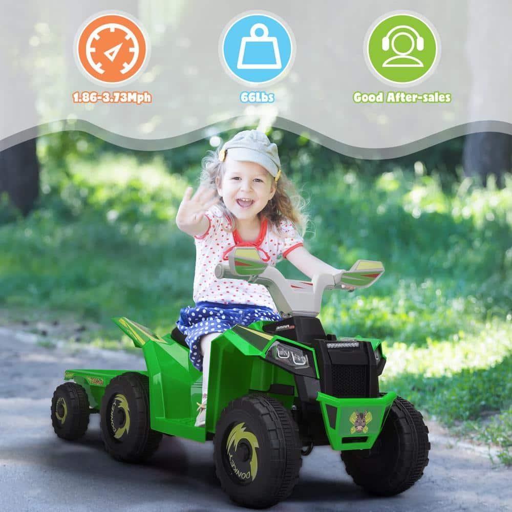 Jaxpety Kids ATV, 6V 4 Wheeler Electric Quad Car Ride on Toys with Trailer, Bluetooth, Music, Horn, Green