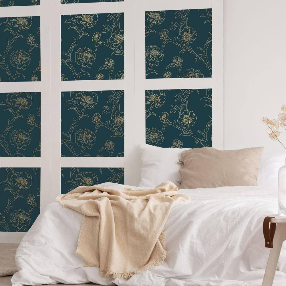 Tempaper & Co.® Peonies Removable Peel and Stick Wallpaper, Peacock Blue and Metallic Gold Floral, 28 sq. ft.: Vinyl Self-Adhesive