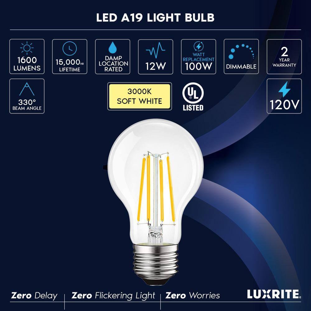 Luxrite Vintage A19 LED Light Bulb 100 Watt Equivalent 1600 Lumens 3000K Soft White Dimmable 12W Damp Rated UL E26 Base 2 Pack