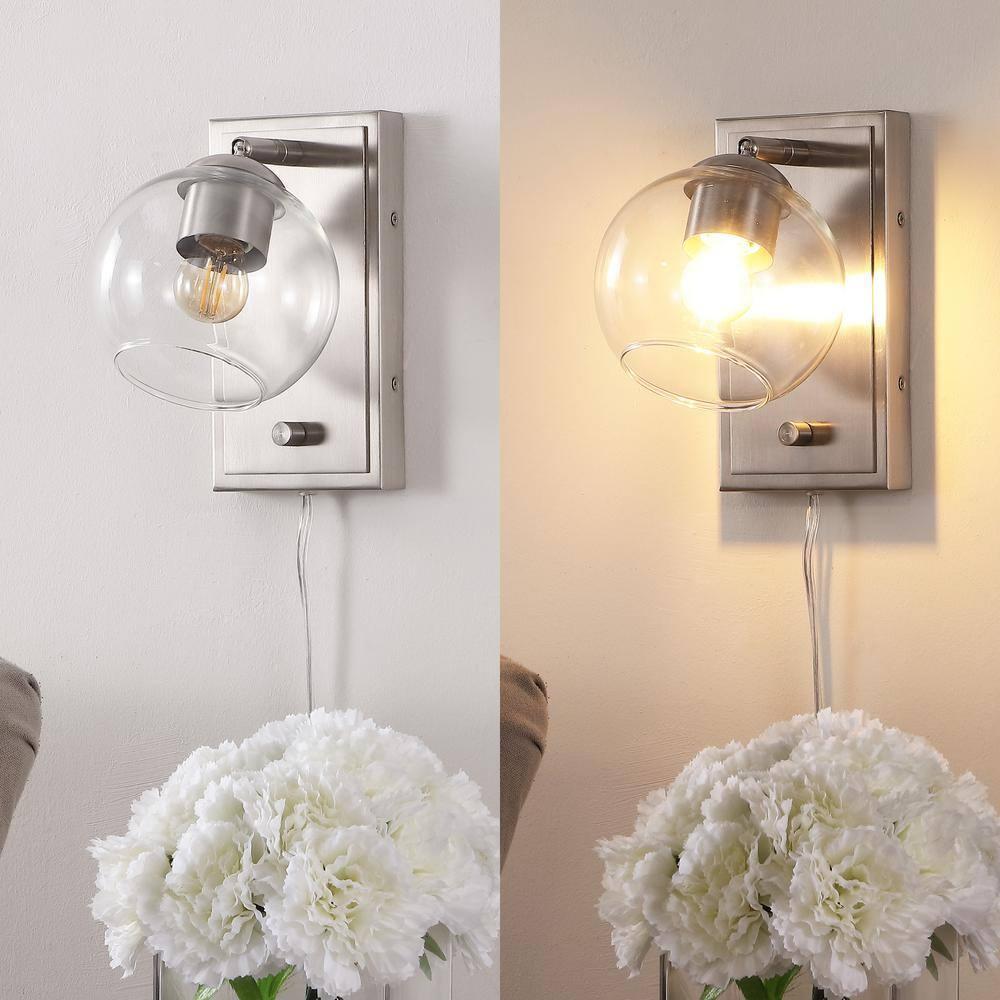 Hugo 6" 1-Light Minimalist Modern Plug-In or Hardwired Adjustable Iron LED Wall Sconce with Rotary Dimmer, Nickel with Clear Globe