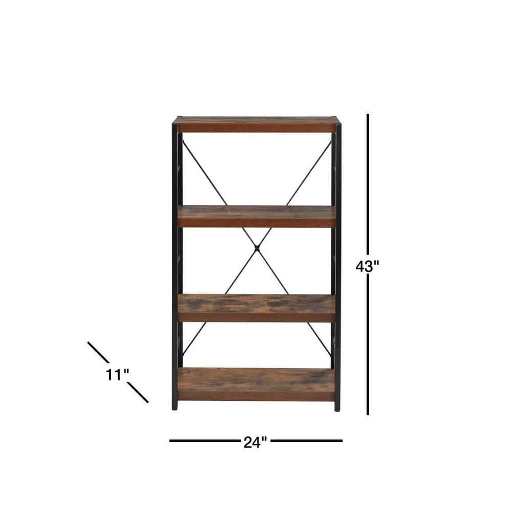4 Tiered Metal Framed Wooden Bookshelf Weathered Oak Brown and Black - Saltoro Sherpi