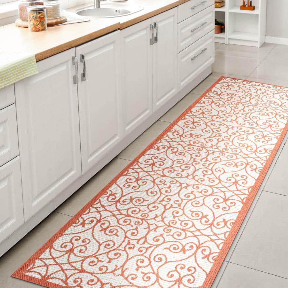 2' x 10' Madrid Vintage Filigree Textured Weave Indoor/Outdoor Runner Rug, Cream/Orange - JONATHAN Y