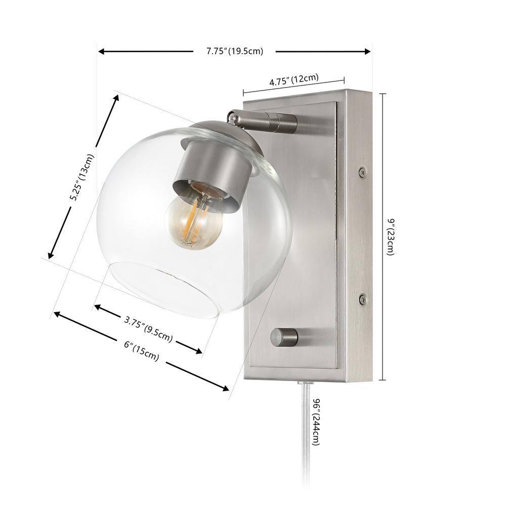 Hugo 6" 1-Light Minimalist Modern Plug-In or Hardwired Adjustable Iron LED Wall Sconce with Rotary Dimmer, Nickel with Clear Globe
