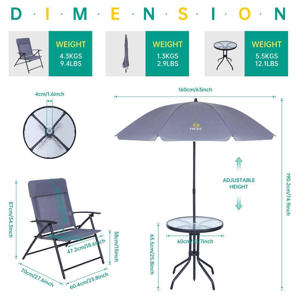 Nice C 3 Piece Glass Mesh Outdoor Patio Dining Set with Umbrella, Grey