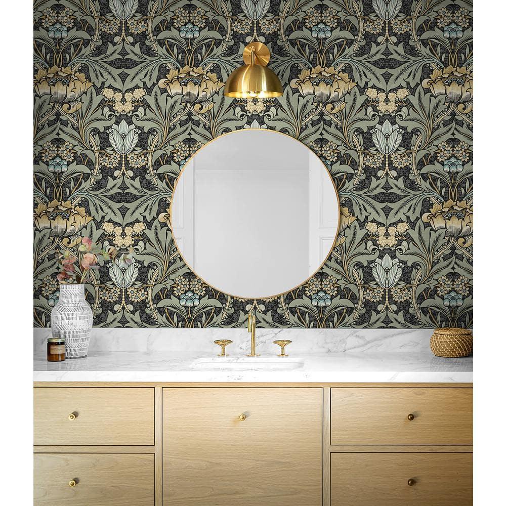 Seabrook Designs  Acanthus Floral Prepasted Wallpaper 20.5 in. W x 33 ft. L - Charcoal & Goldenrod