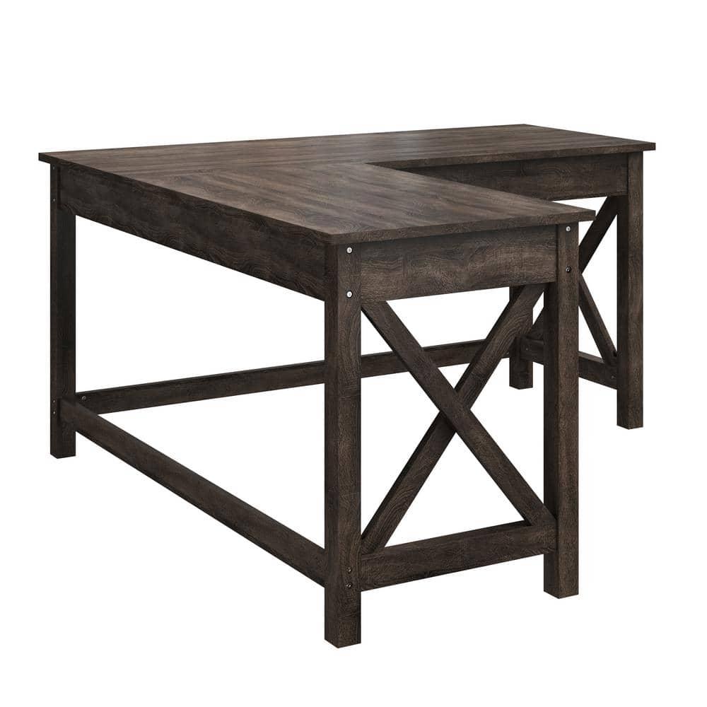 Lavish Home 59" L-Shaped Farmhouse Style Desk with Return for Home Office in Dark Gray Oak Finish