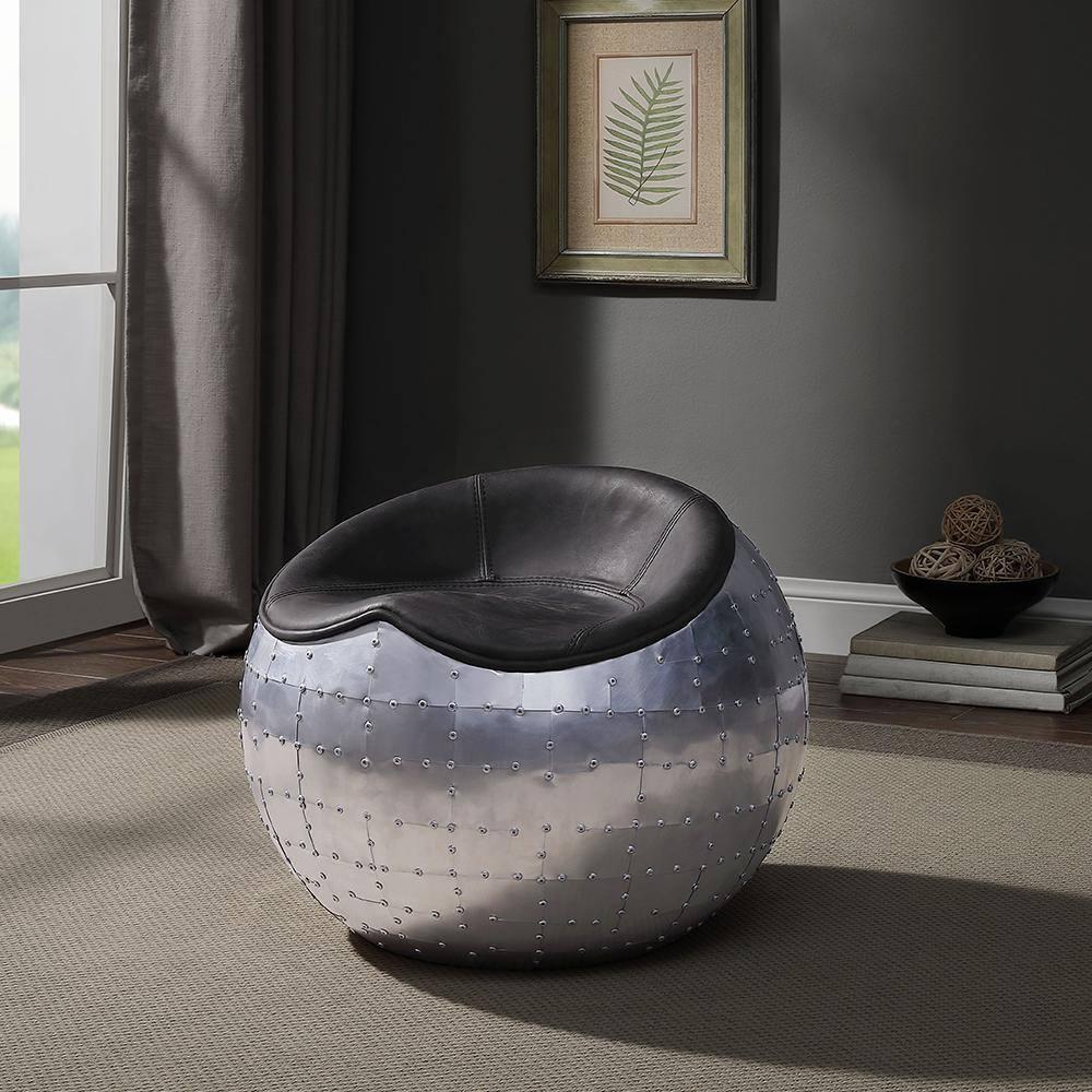 ACME Brancaster Leather Upholstered Ottoman in Antique Ebony and Aluminum