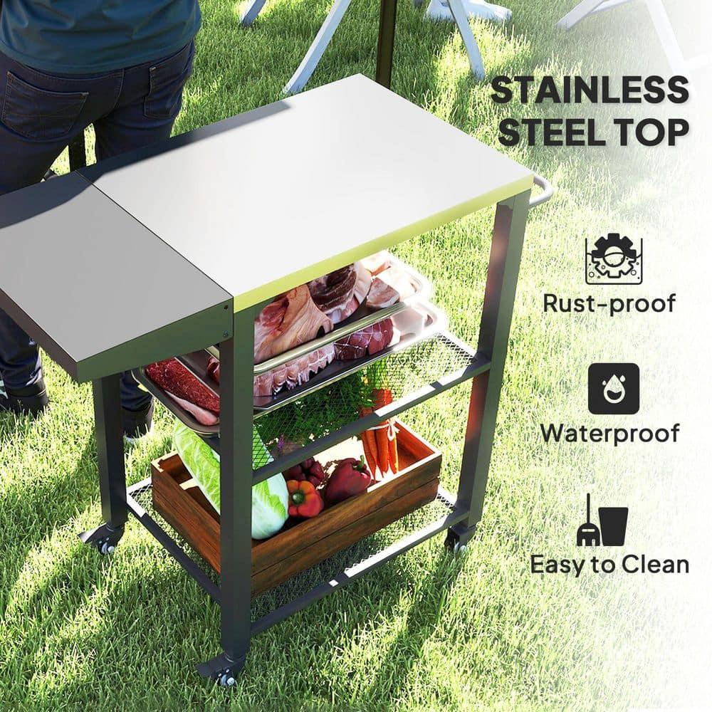 Outsunny 3-Shelf Outdoor Grill Cart Table with Foldable Side Table, Stainless Steel Tabletop, 22" x 16.1" Pizza Oven Stand with Hooks, Silver