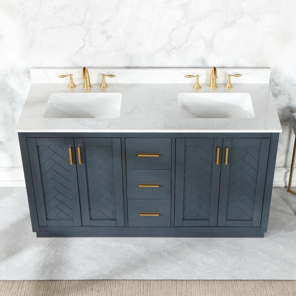 Gazsi 60" Double Bathroom Vanity Set in Charcoal Blue with Grain White Composite Stone Countertop without Mirror