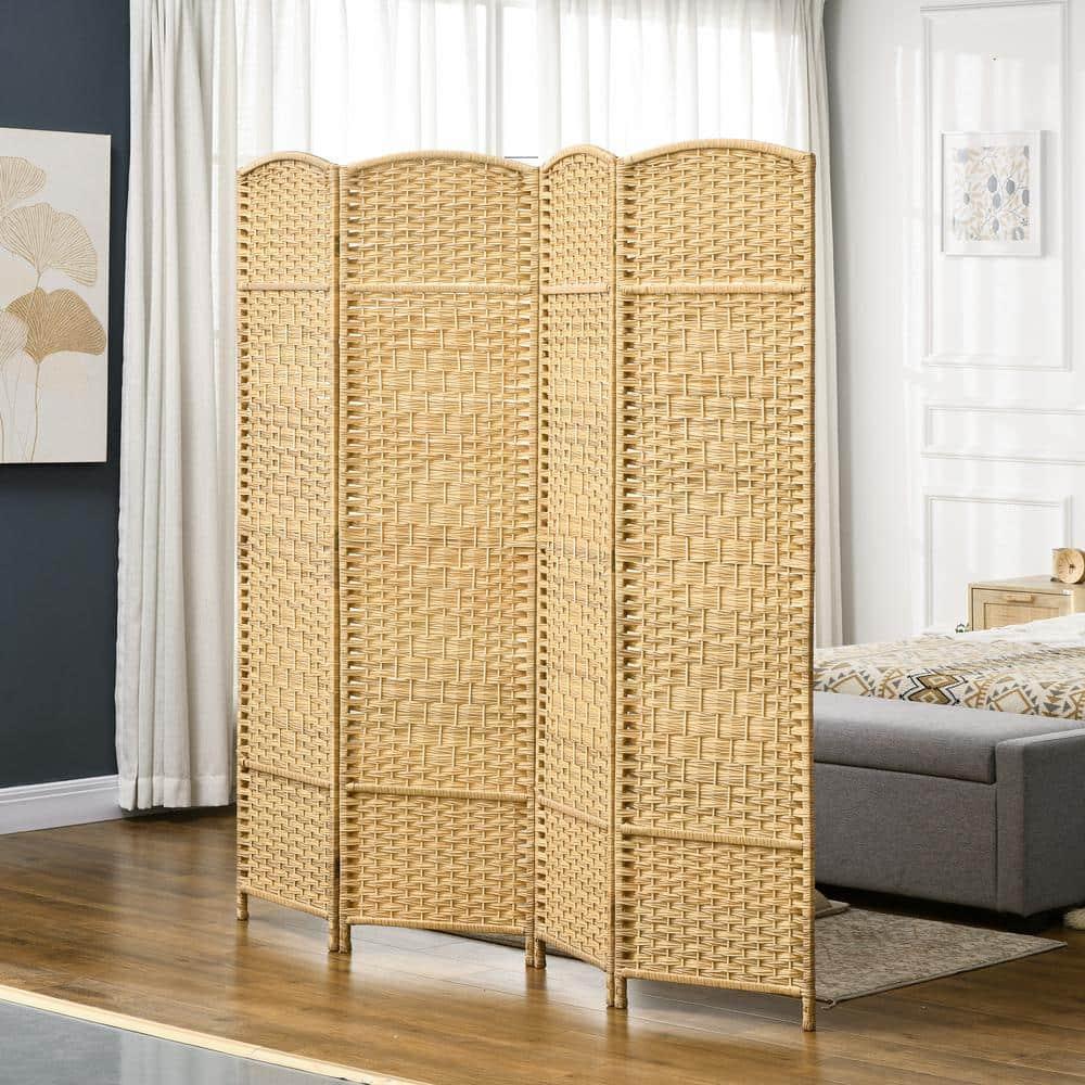 HOMCOM 4 Panel Room Divider, 6' Tall Folding Privacy Screen, Hand-Woven Freestanding Wood Partition for Home Office, Bedroom, Nature Wood