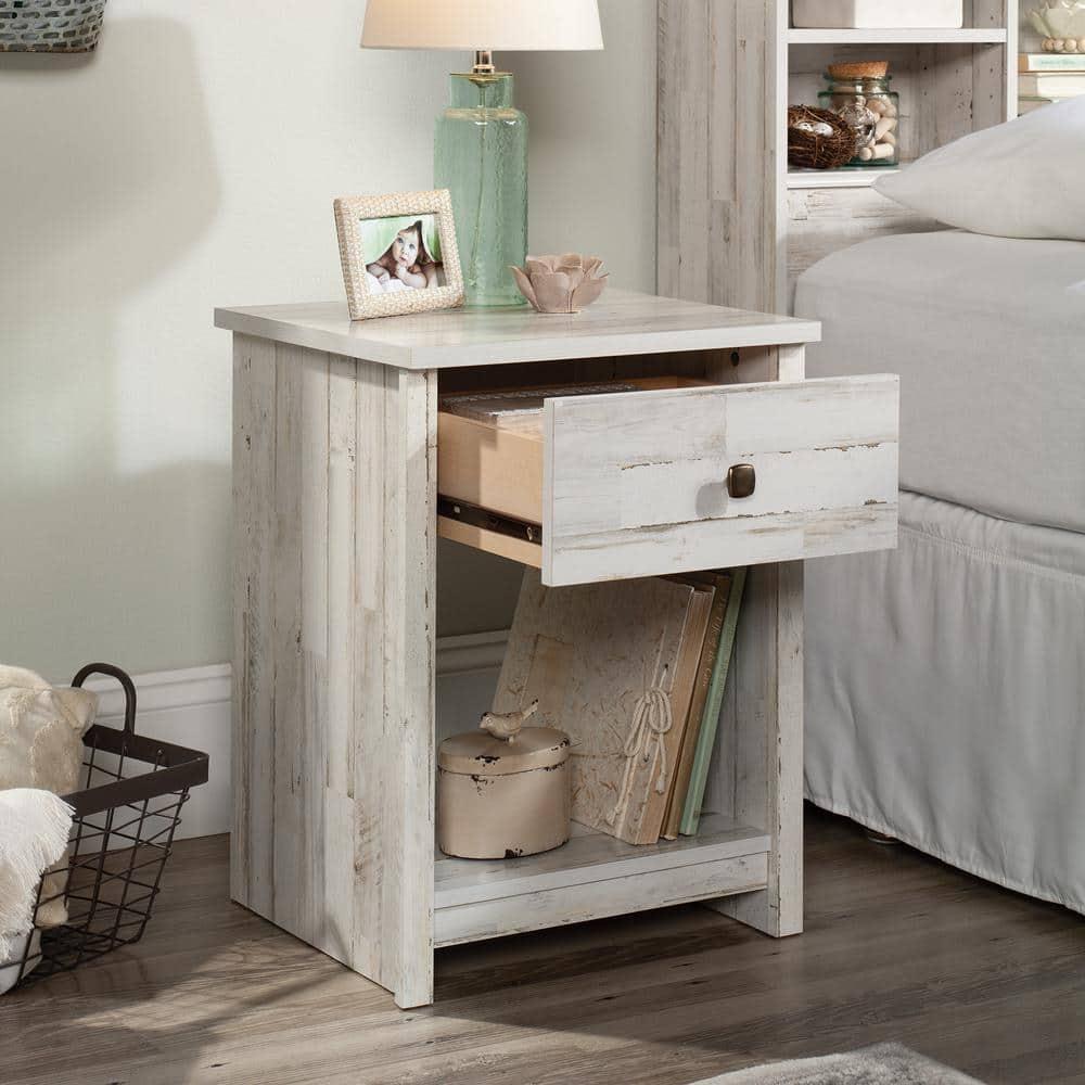 River Ranch Nightstand with Drawer White Plank - Sauder: Farmhouse Style Bedside Table with Open Shelf